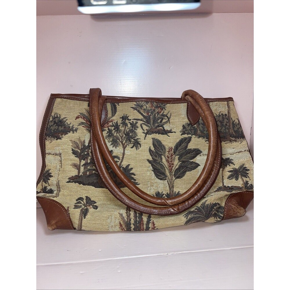 Vintage Great American Leather Tapestry handbag Tote Purse Plant Print